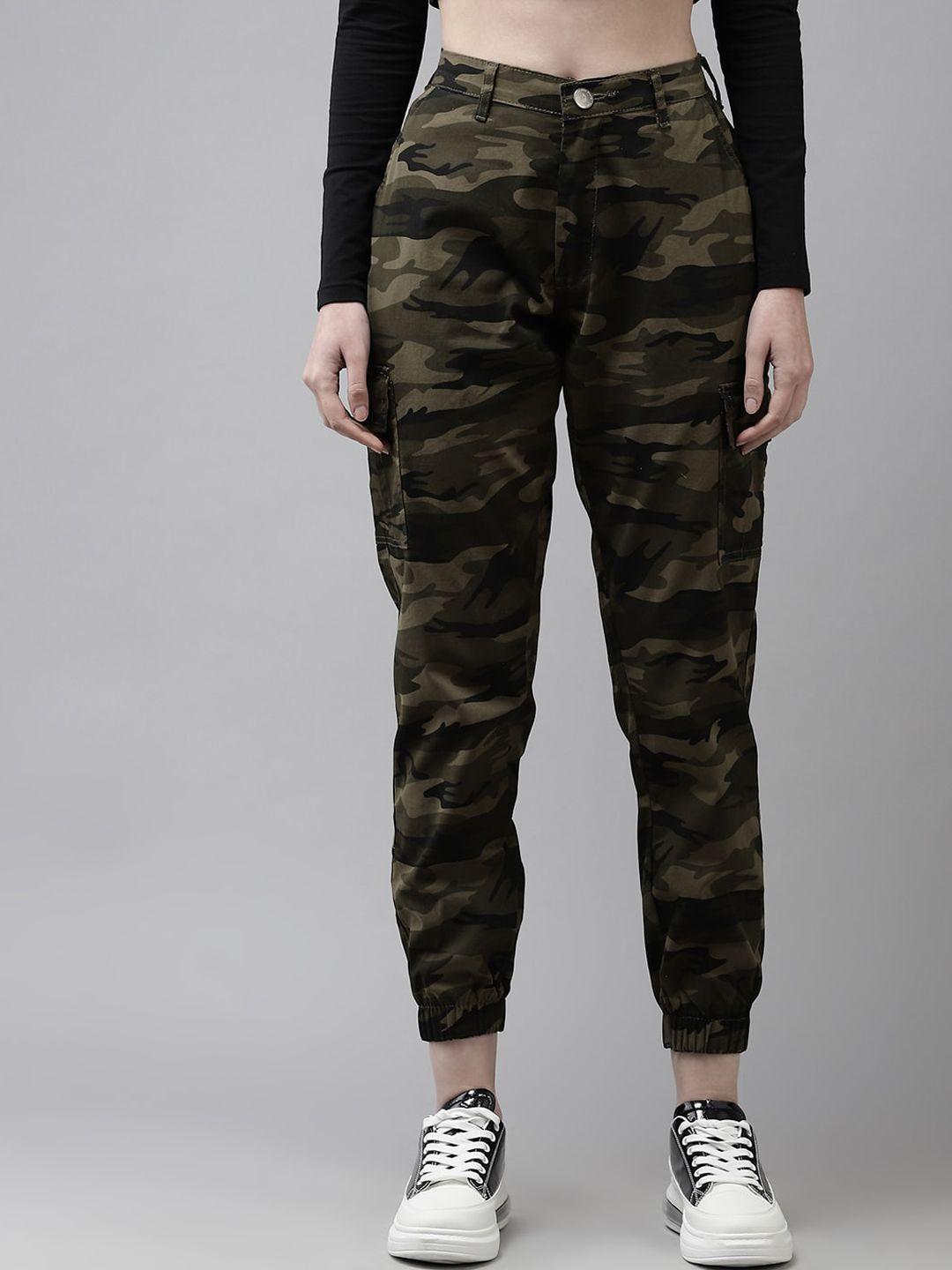 the dry state women green camouflage printed high-rise easy wash joggers trousers