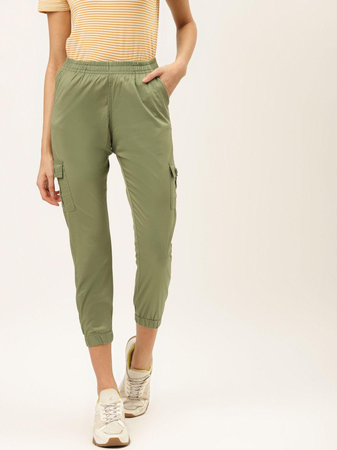 the dry state women green regular fit solid cropped cargos