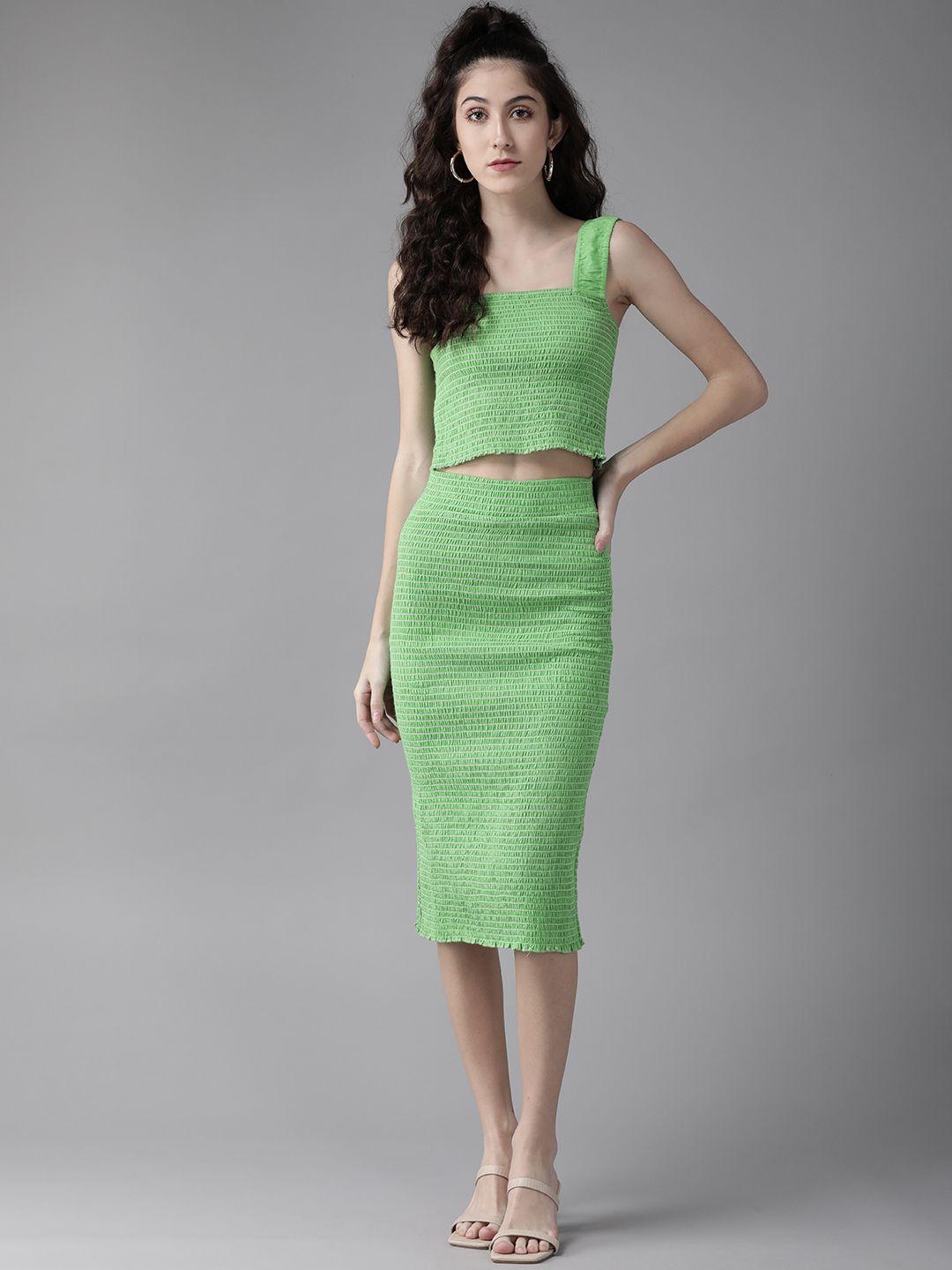 the dry state women green smocked top with skirt