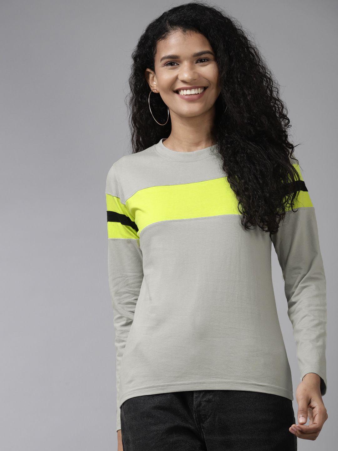 the dry state women grey  lime green colourblocked pure cotton t-shirt