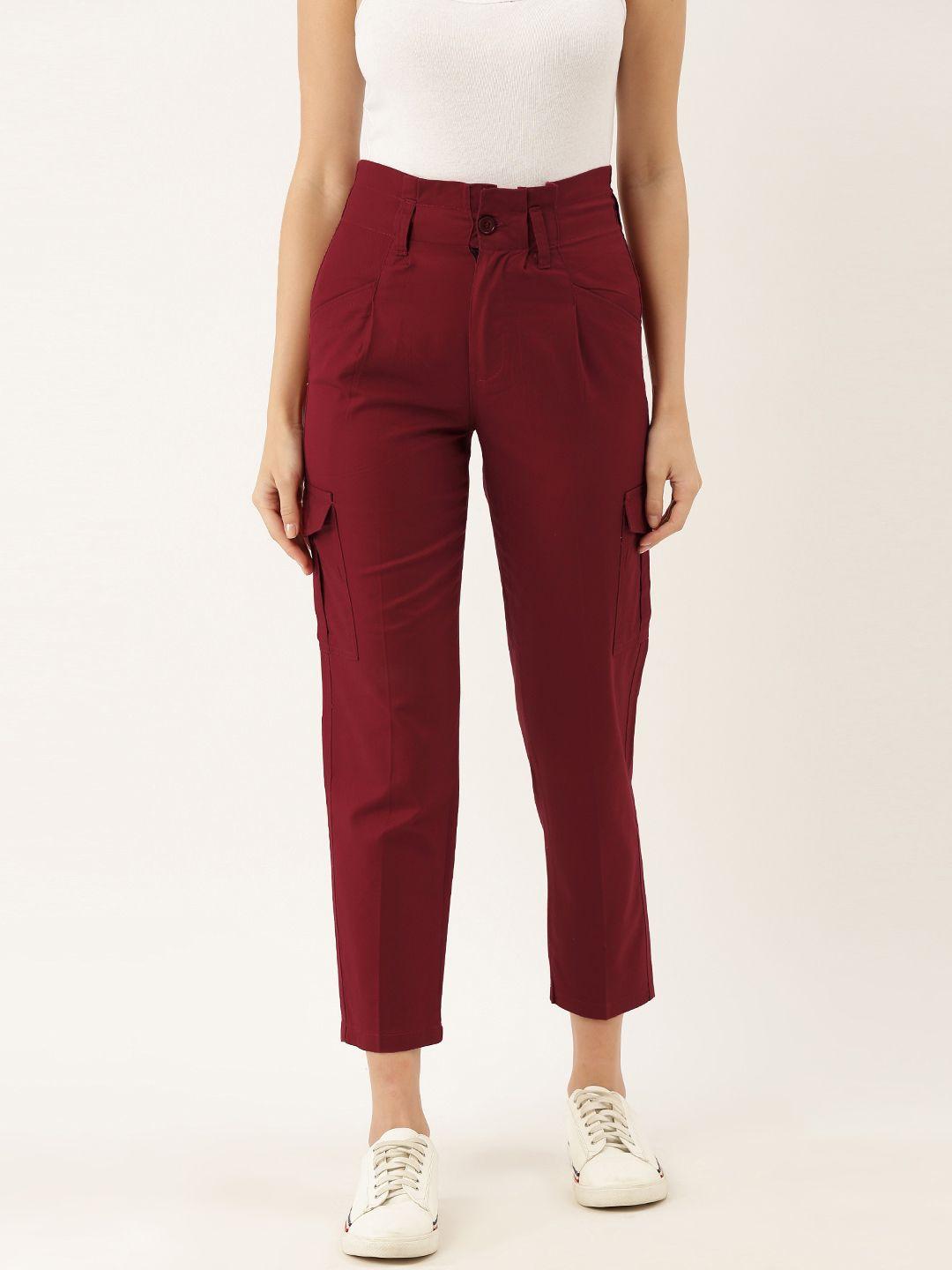 the dry state women maroon regular fit solid cropped cargos