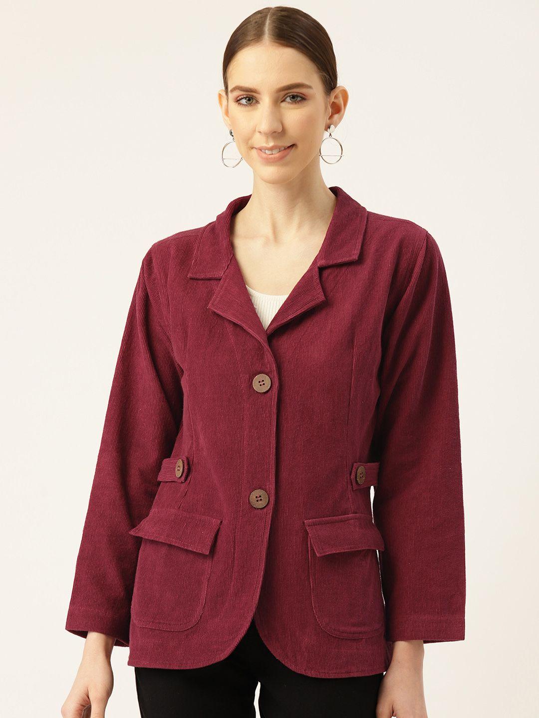 the dry state women maroon solid corduroy tailored jacket