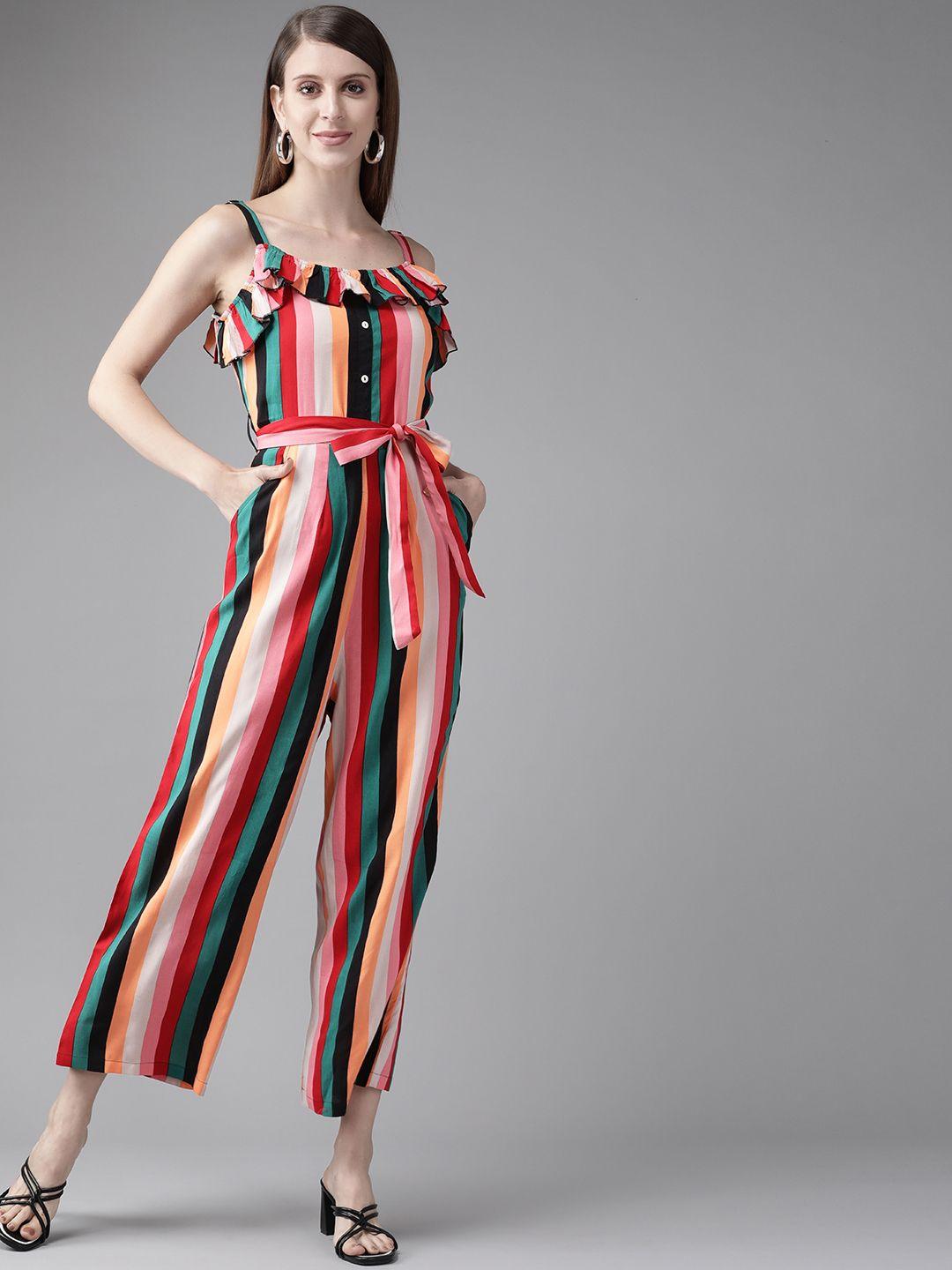 the dry state women multicoloured striped cropped ruffled basic jumpsuit with belt