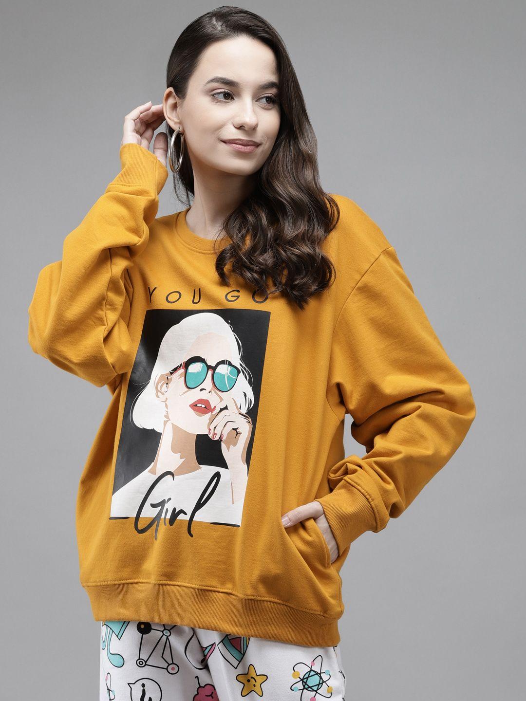 the dry state women mustard printed oversize sweatshirt