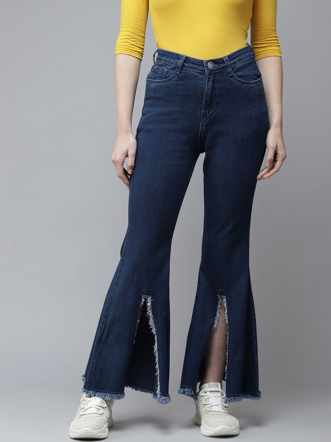 the dry state women navy blue bootcut high-rise stretchable jeans with frayed front slit