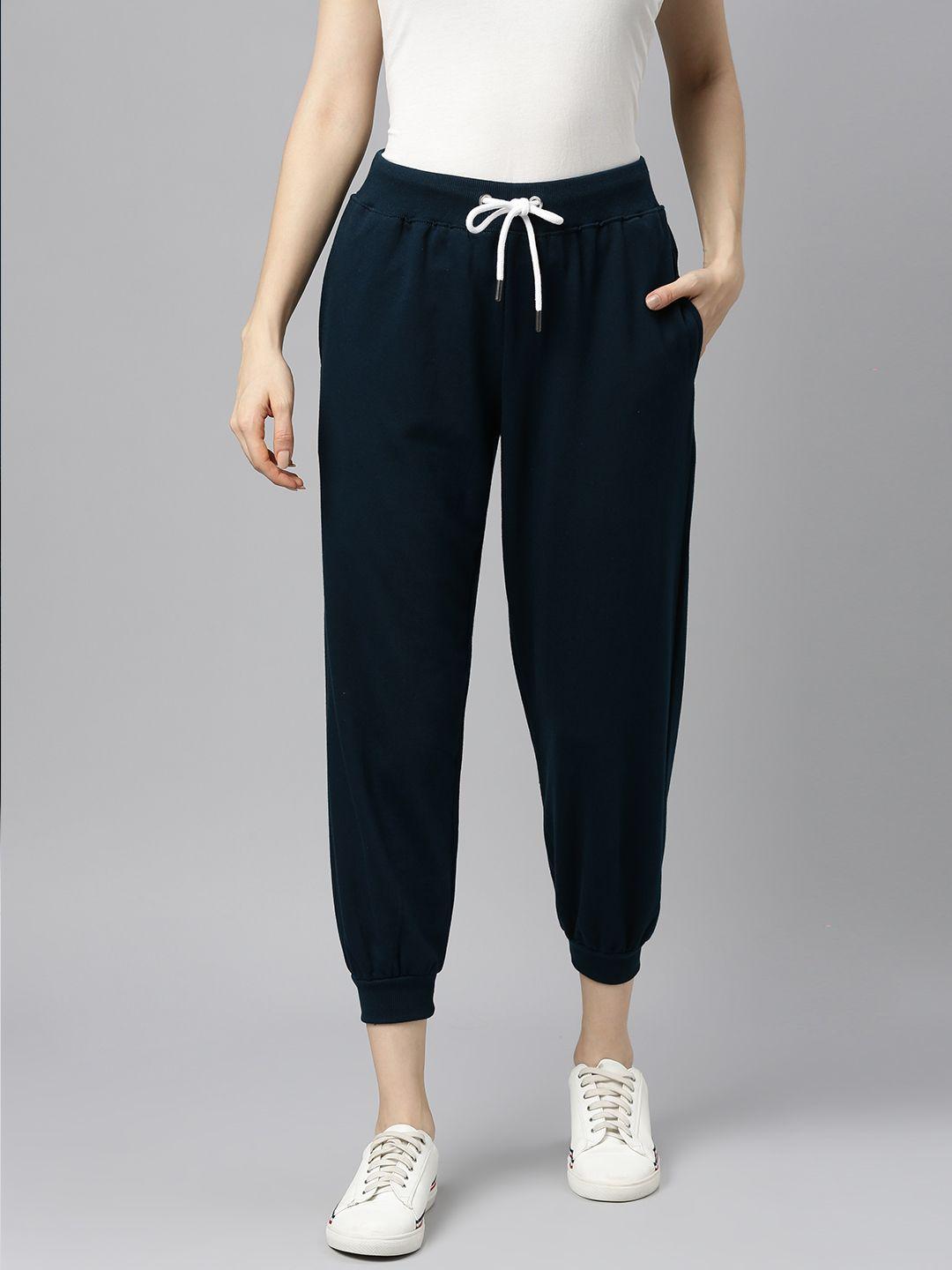 the dry state women navy blue loose fit high-rise easy wash joggers trousers