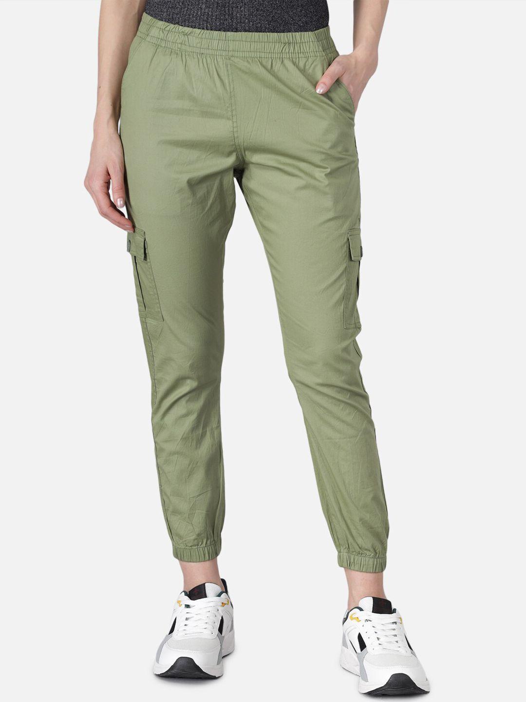 the dry state women olive green regular fit solid cargos joggers