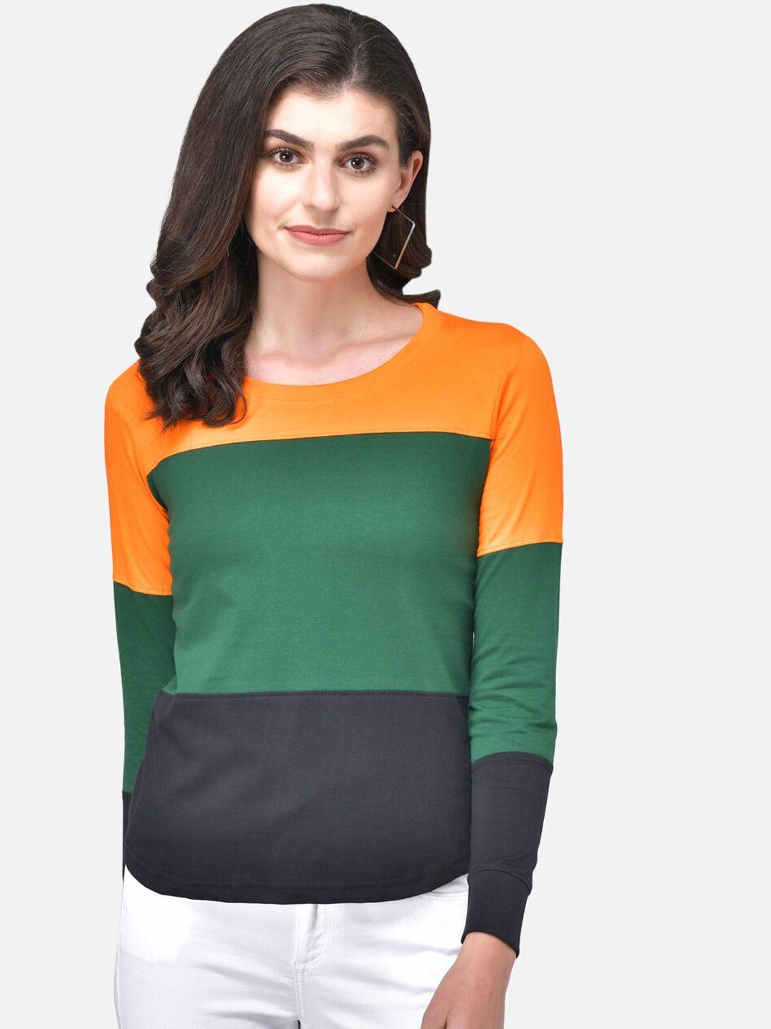 the dry state women orange & green colourblocked round neck t-shirt