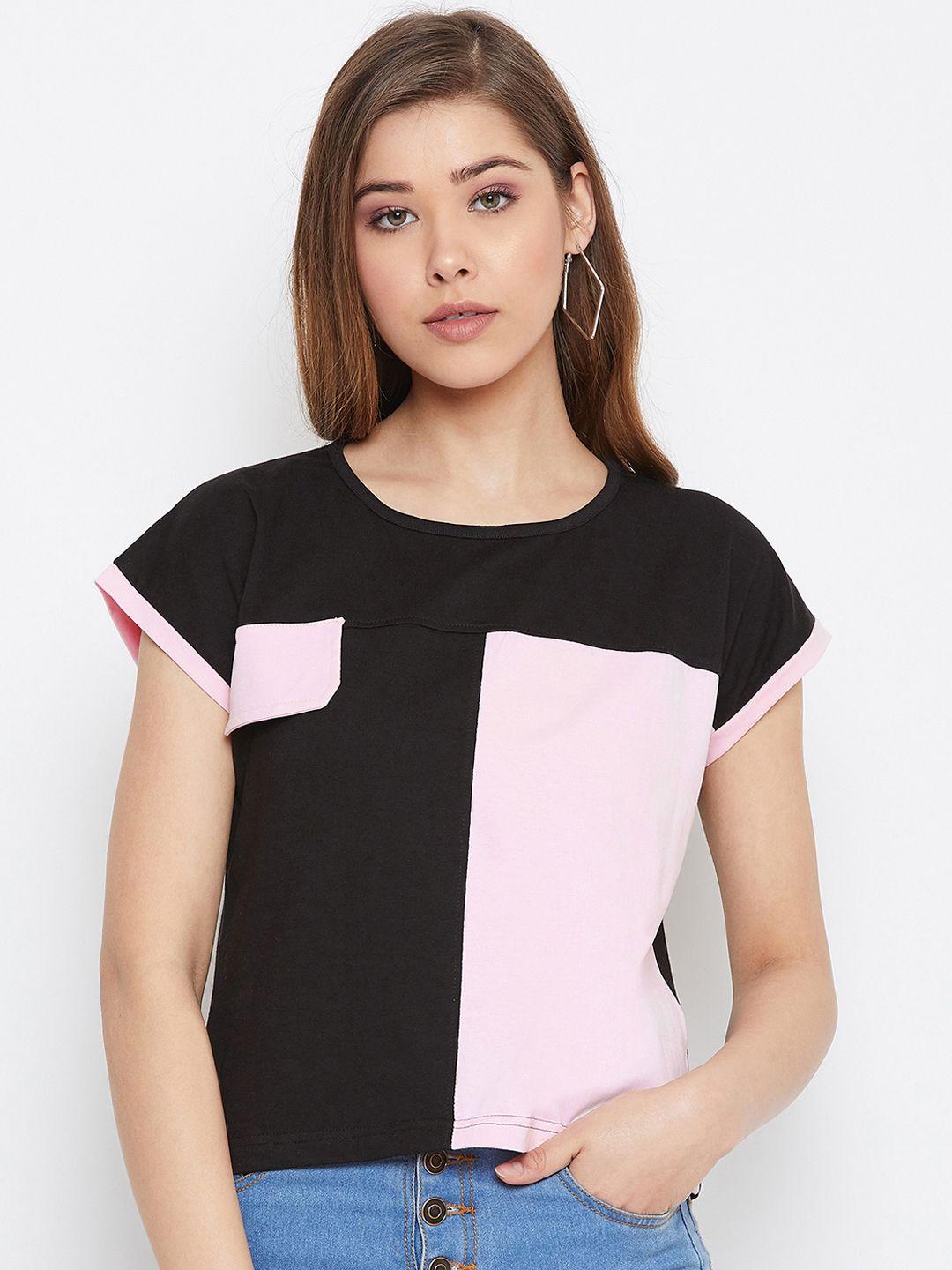 the dry state women pink & black slim fit colourblocked round neck t-shirt