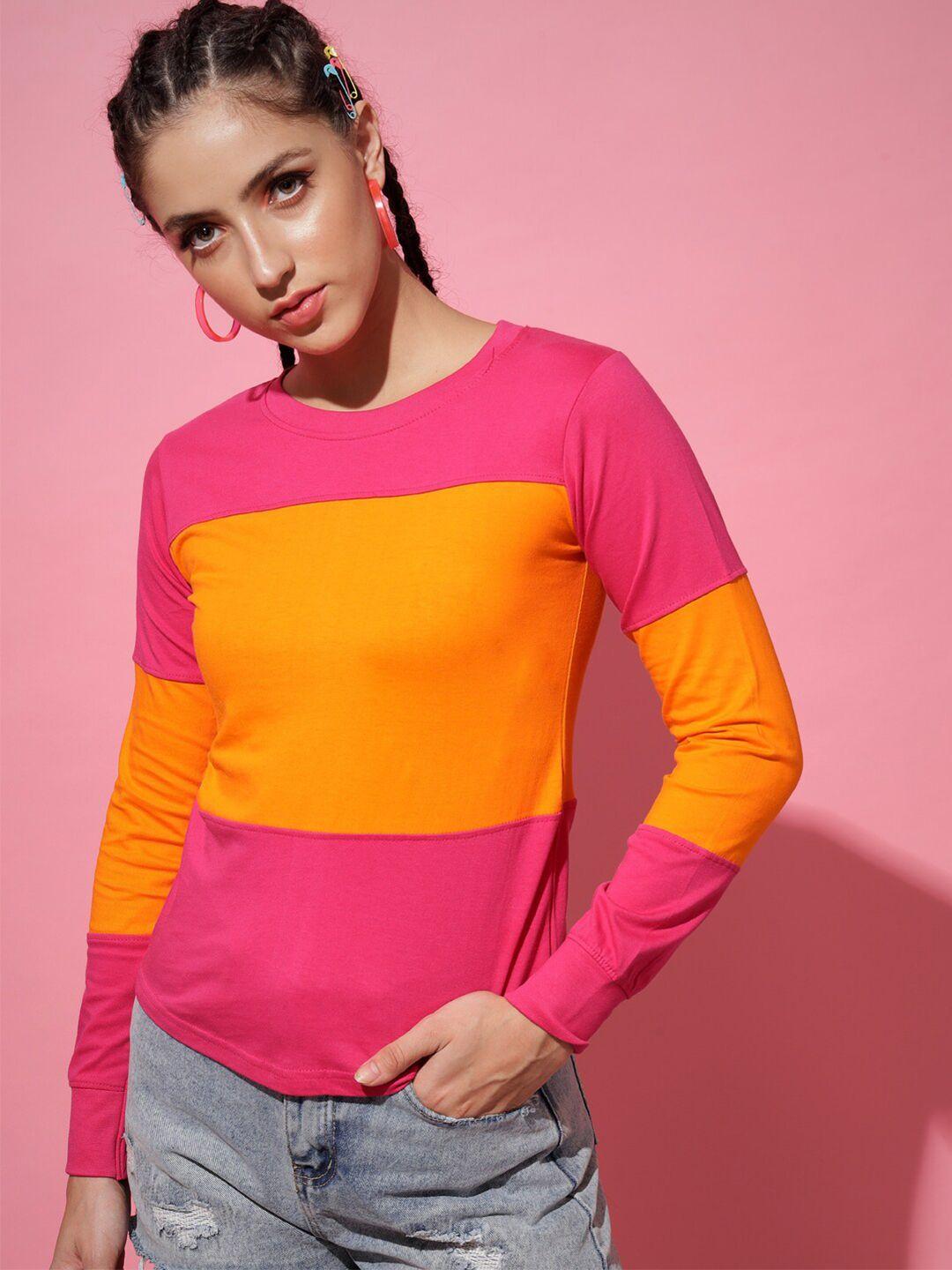 the dry state women pink & yellow colourblocked cotton t-shirt