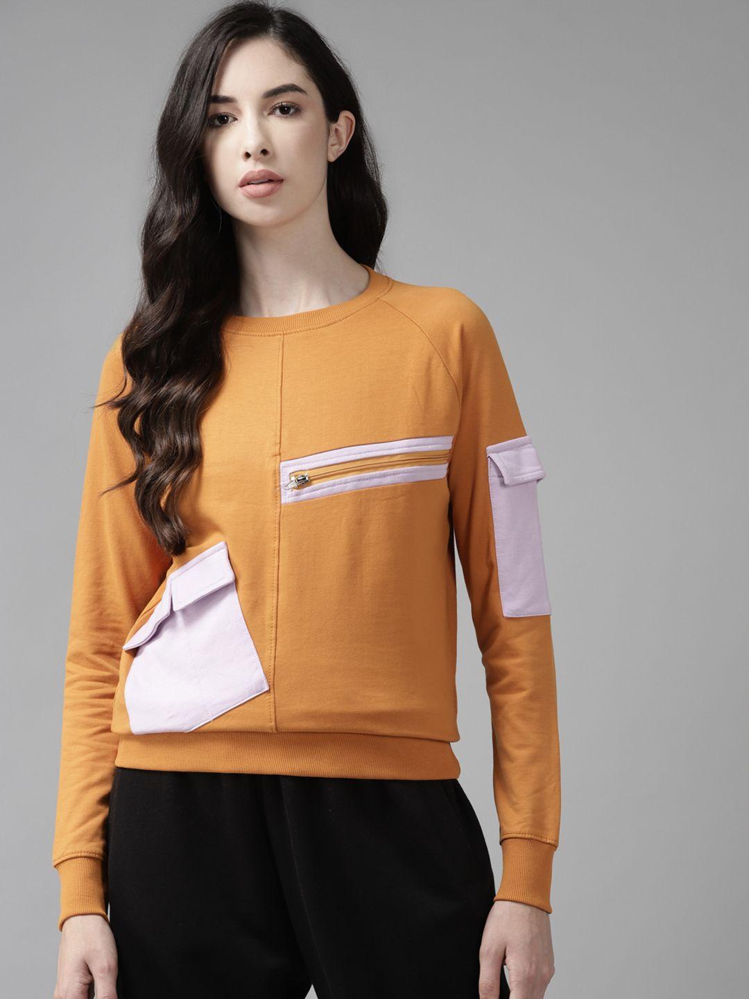 the dry state women rust orange & purple colourblocked sweatshirt