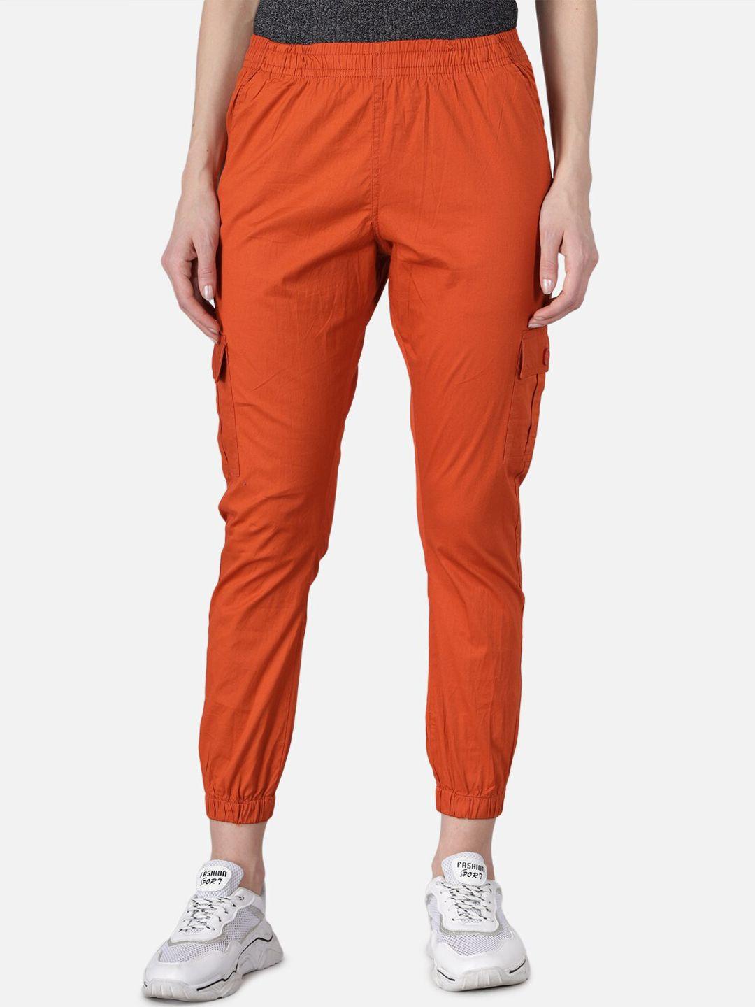 the dry state women rust orange cotton regular fit solid cropped cargo joggers