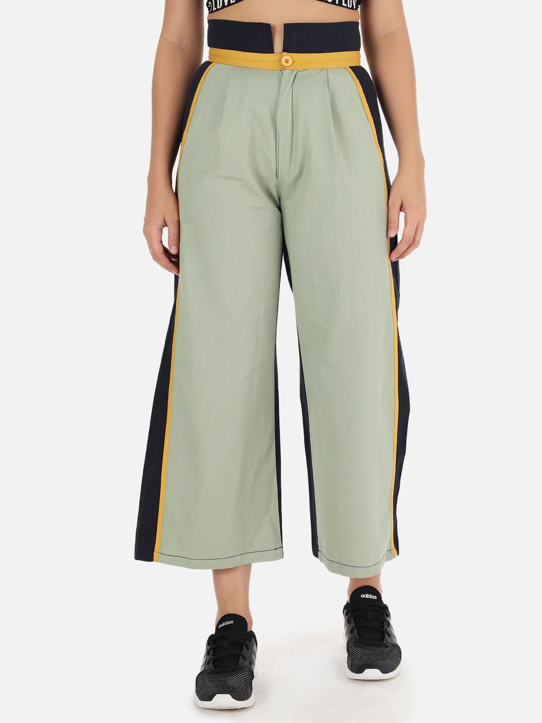 the dry state women sea green & navy blue colourblocked loose fit parallel trousers