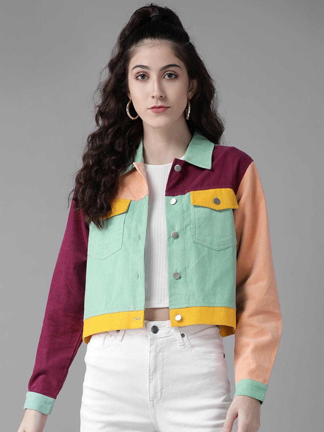 the dry state women sea green & purple colourblocked corduroy tailored jacket