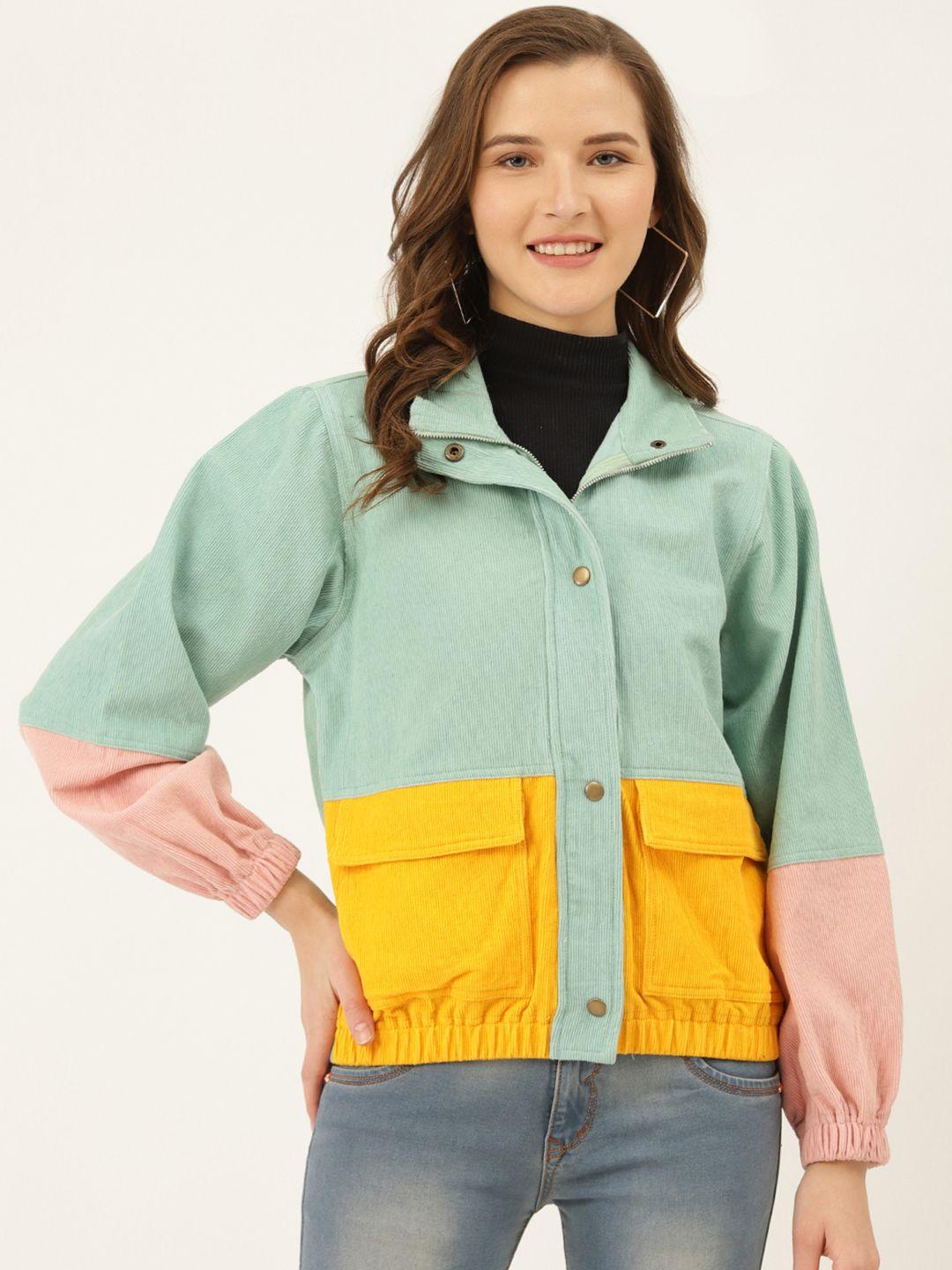 the dry state women sea green & yellow colourblocked corduroy bomber jacket