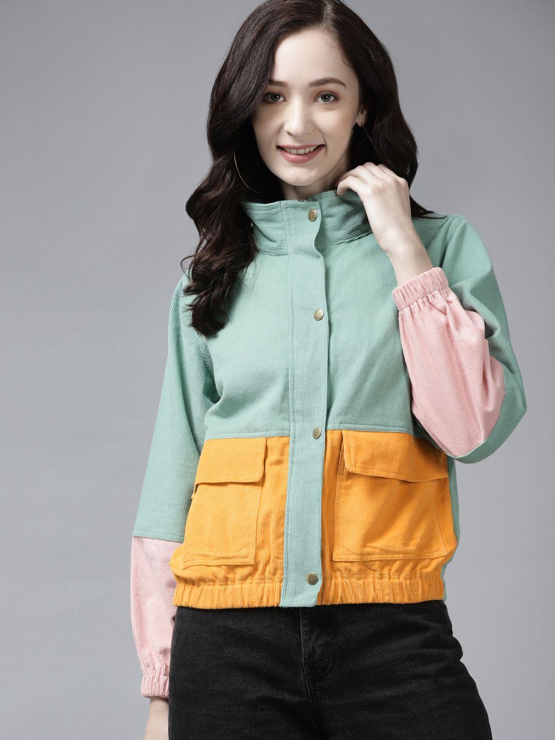 the dry state women sea green & yellow colourblocked corduroy bomber jacket