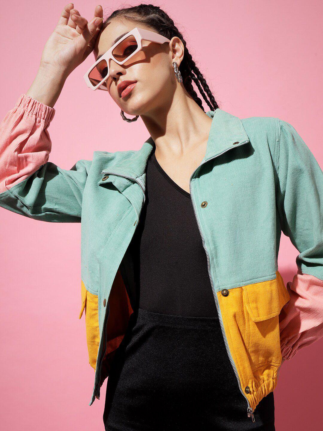 the dry state women sea green yellow colourblocked corduroy crop sporty jacket