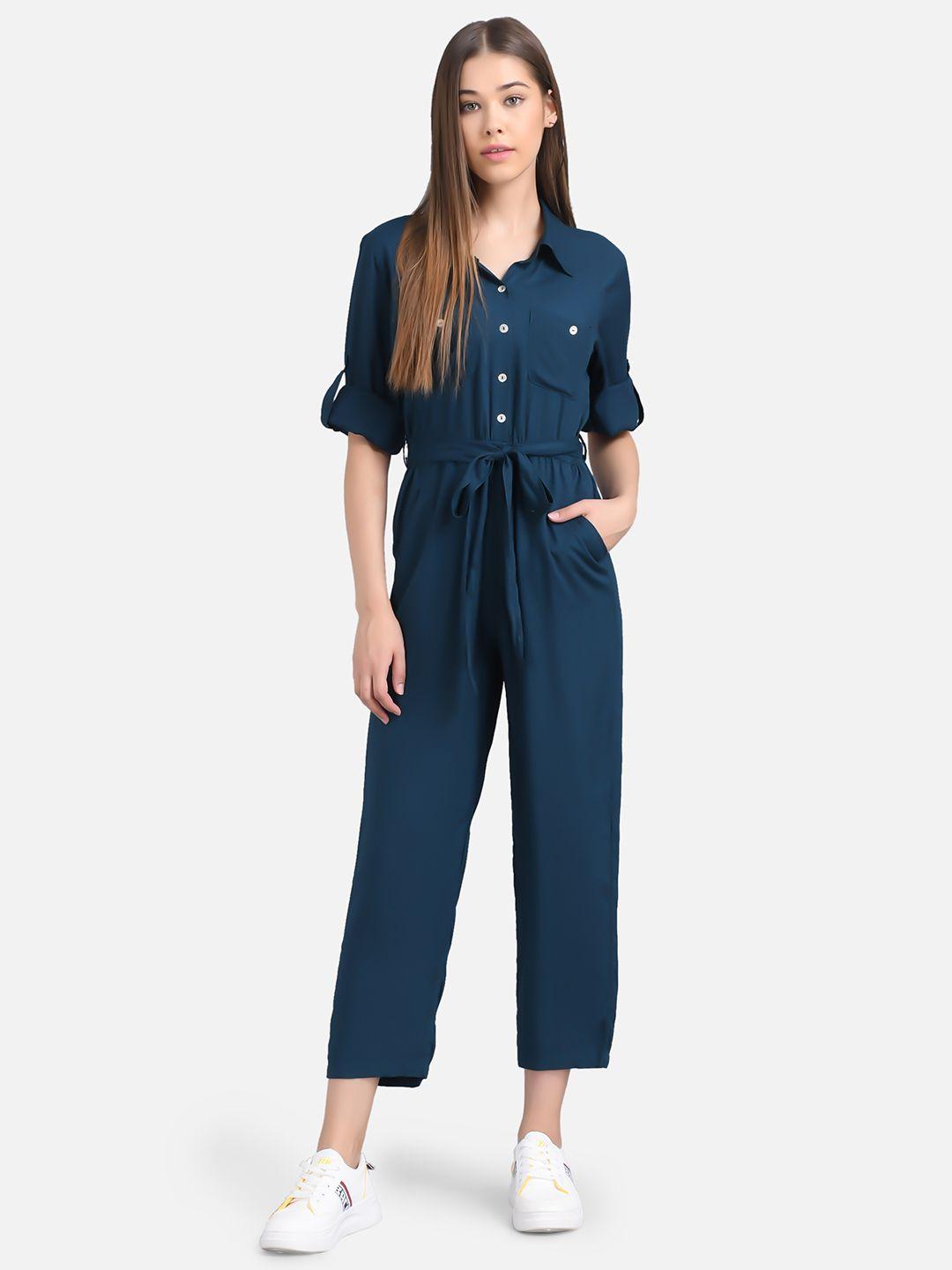the dry state women teal blue solid basic jumpsuit
