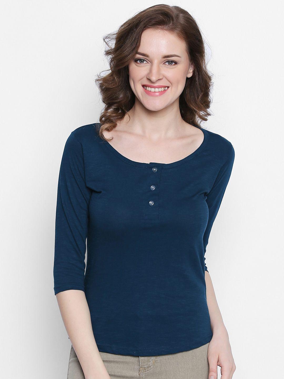 the dry state women teal green solid henley neck t-shirt