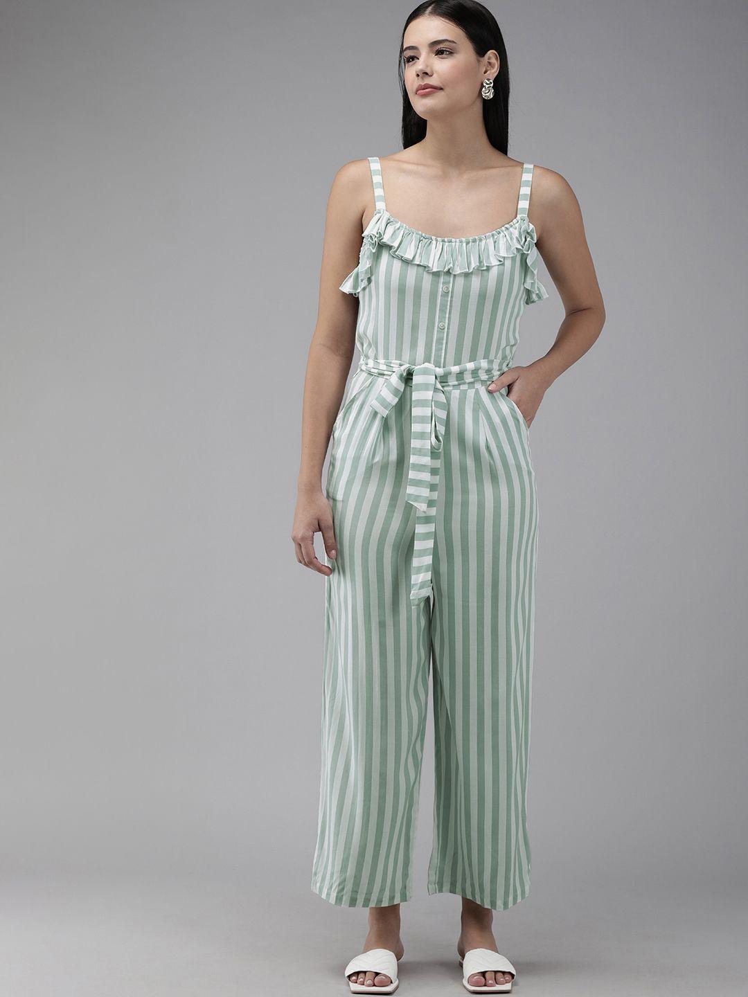 the dry state women white & green striped ruffled basic jumpsuit