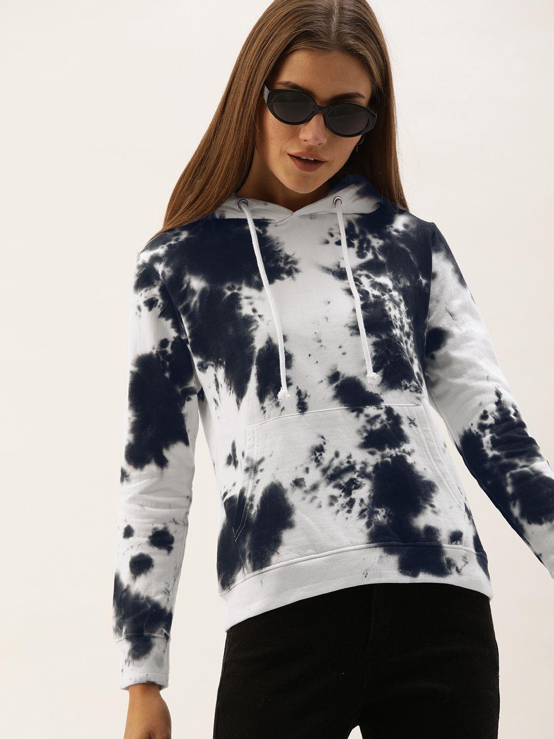 the dry state women white & navy blue tie & dye hooded pullover sweatshirt