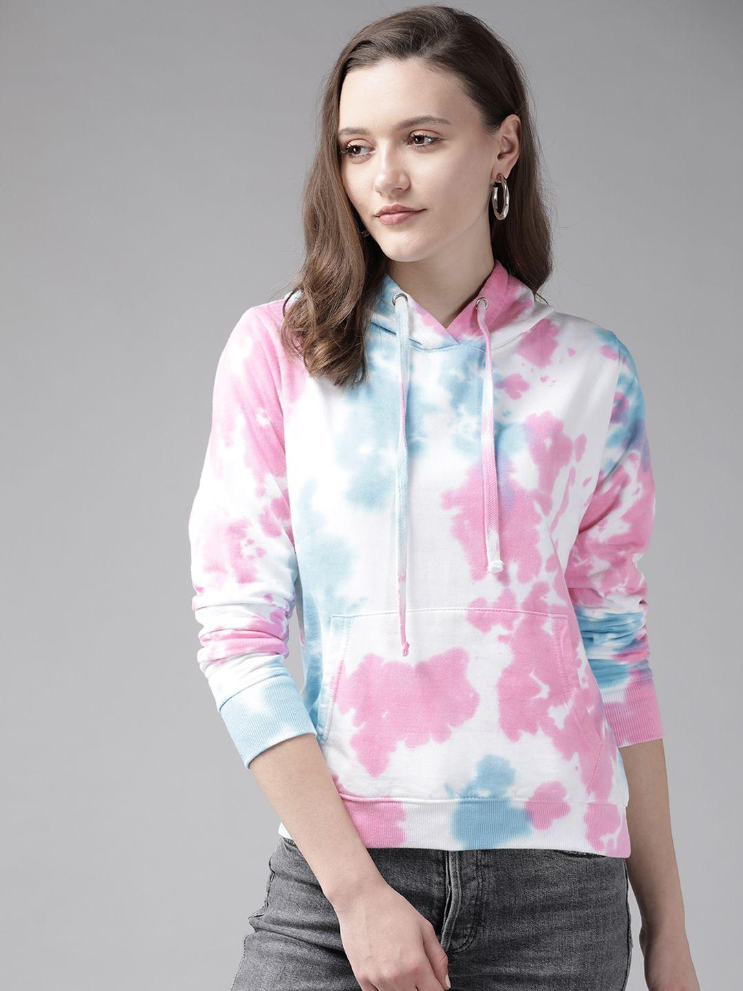 the dry state women white & pink dyed cotton hooded sweatshirt