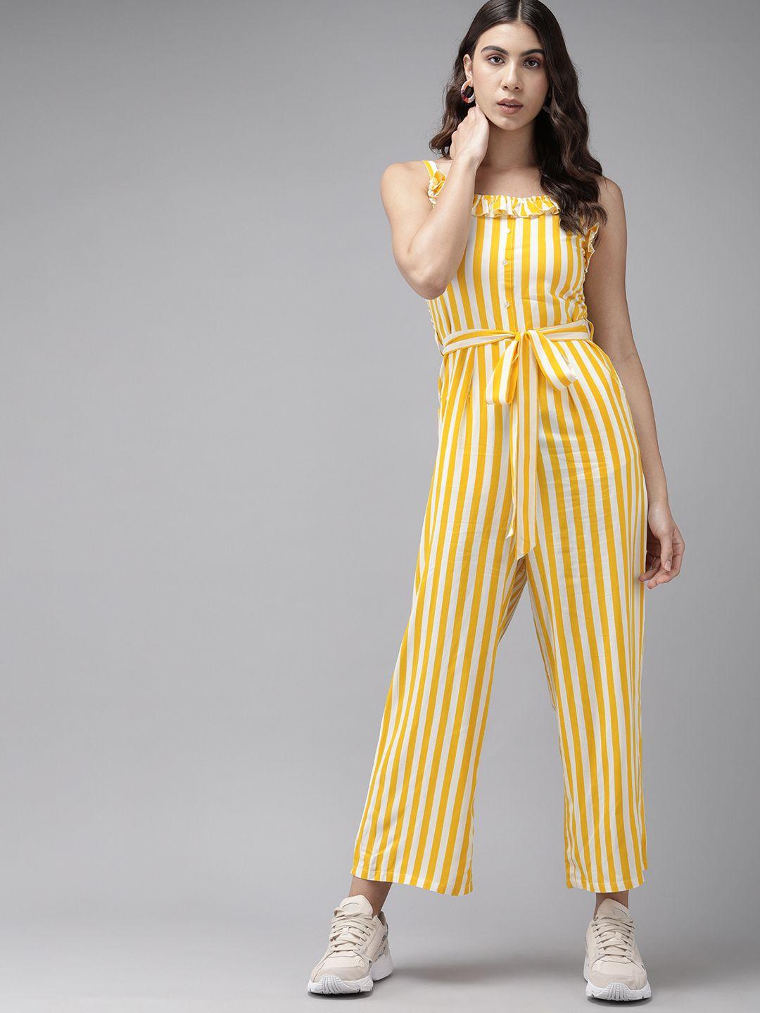 the dry state women white & yellow striped ruffled basic jumpsuit