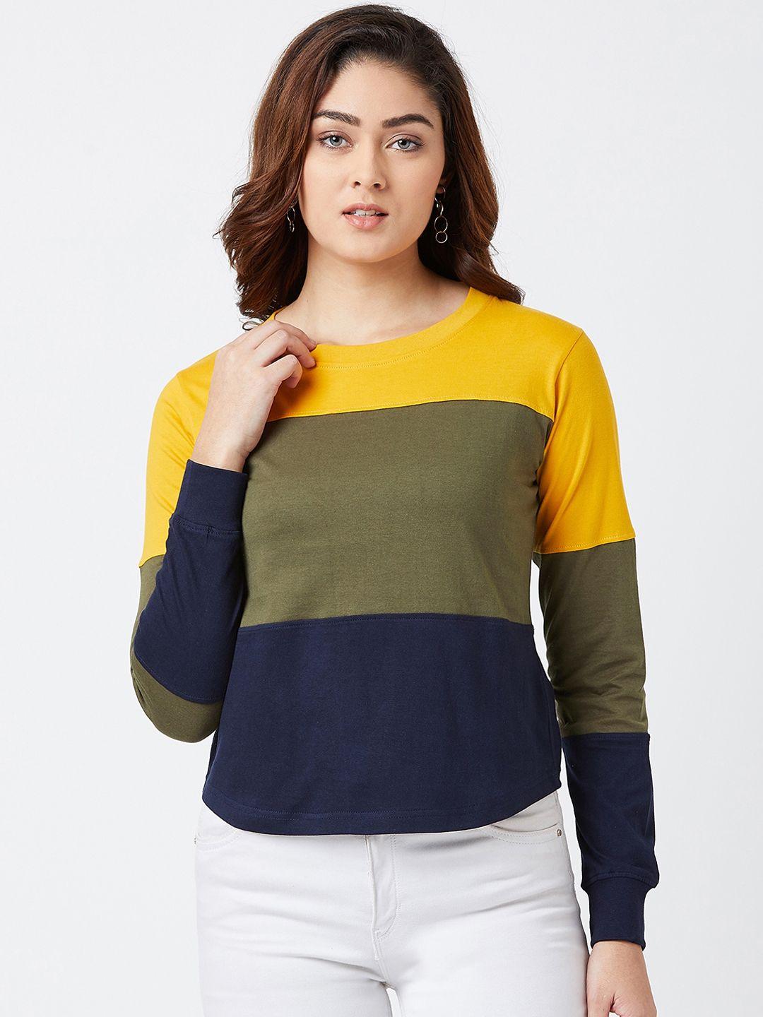 the dry state women yellow & green colourblocked round neck slim fit t-shirt