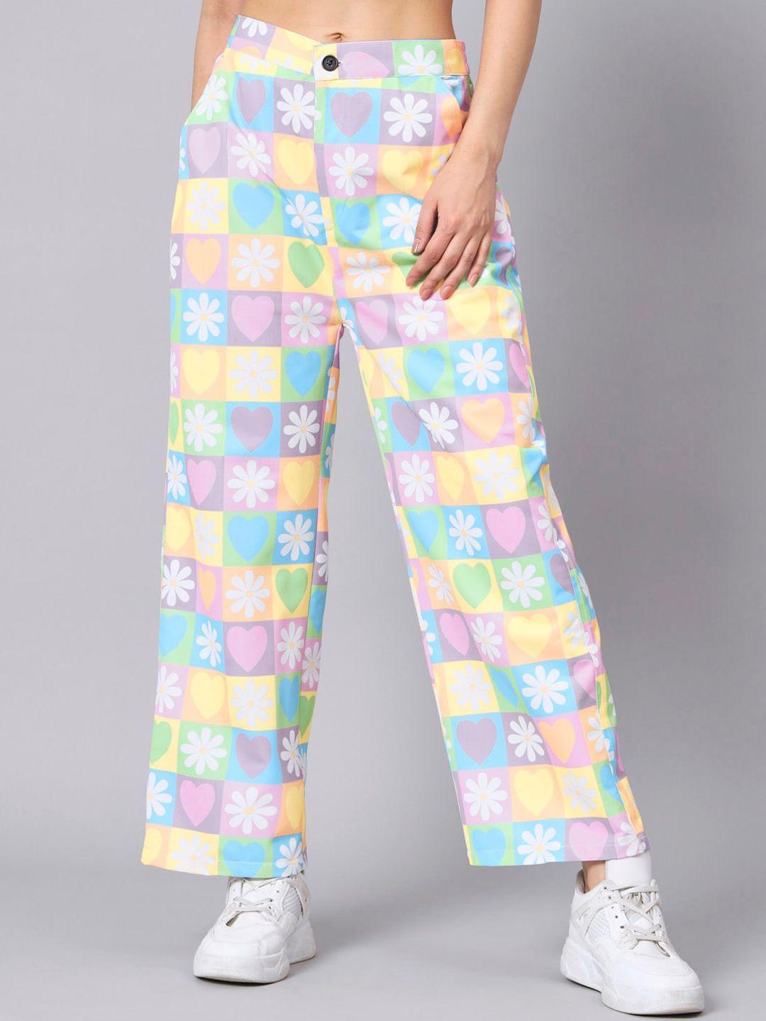 the dry state women yellow floral printed straight fit high-rise trousers