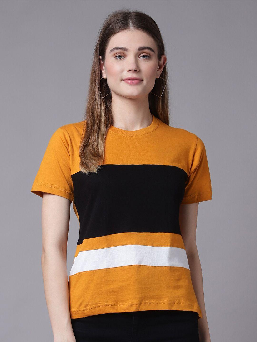 the eg store women yellow & black colourblocked t-shirt