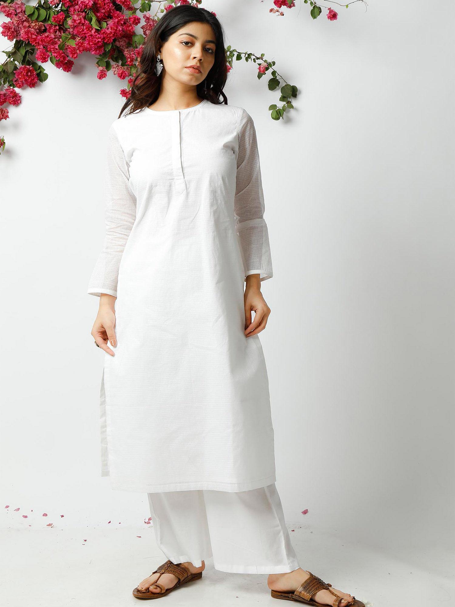 the flawless white kota kurta with white pant and dupatta