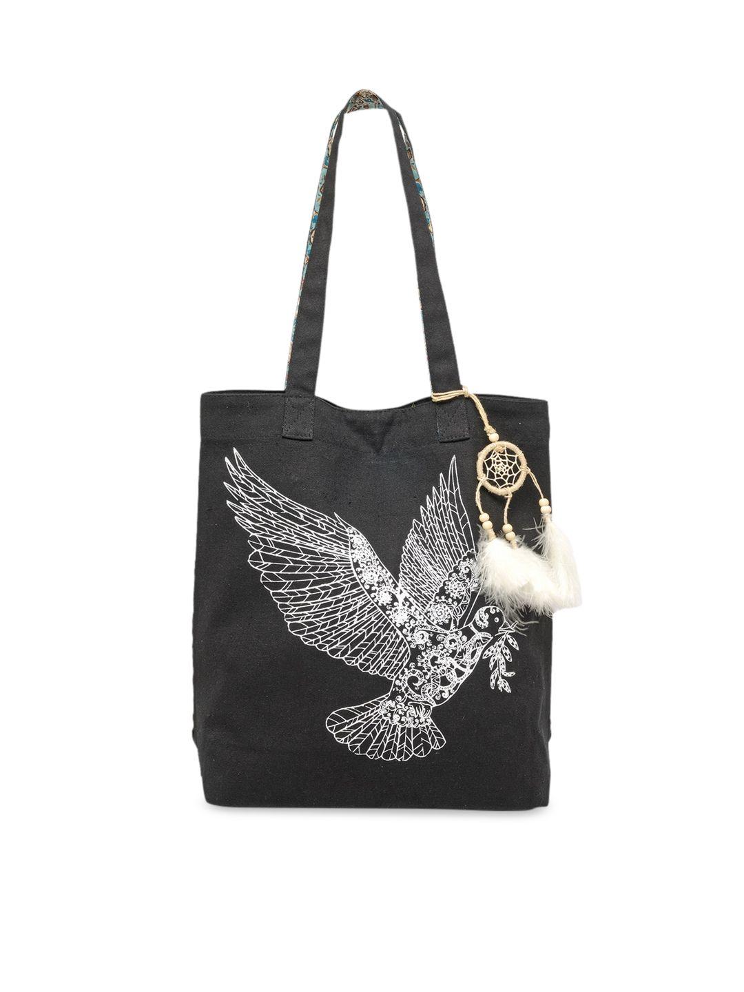 the house of tara black and white canvas eagle motif printed shopper tote bag