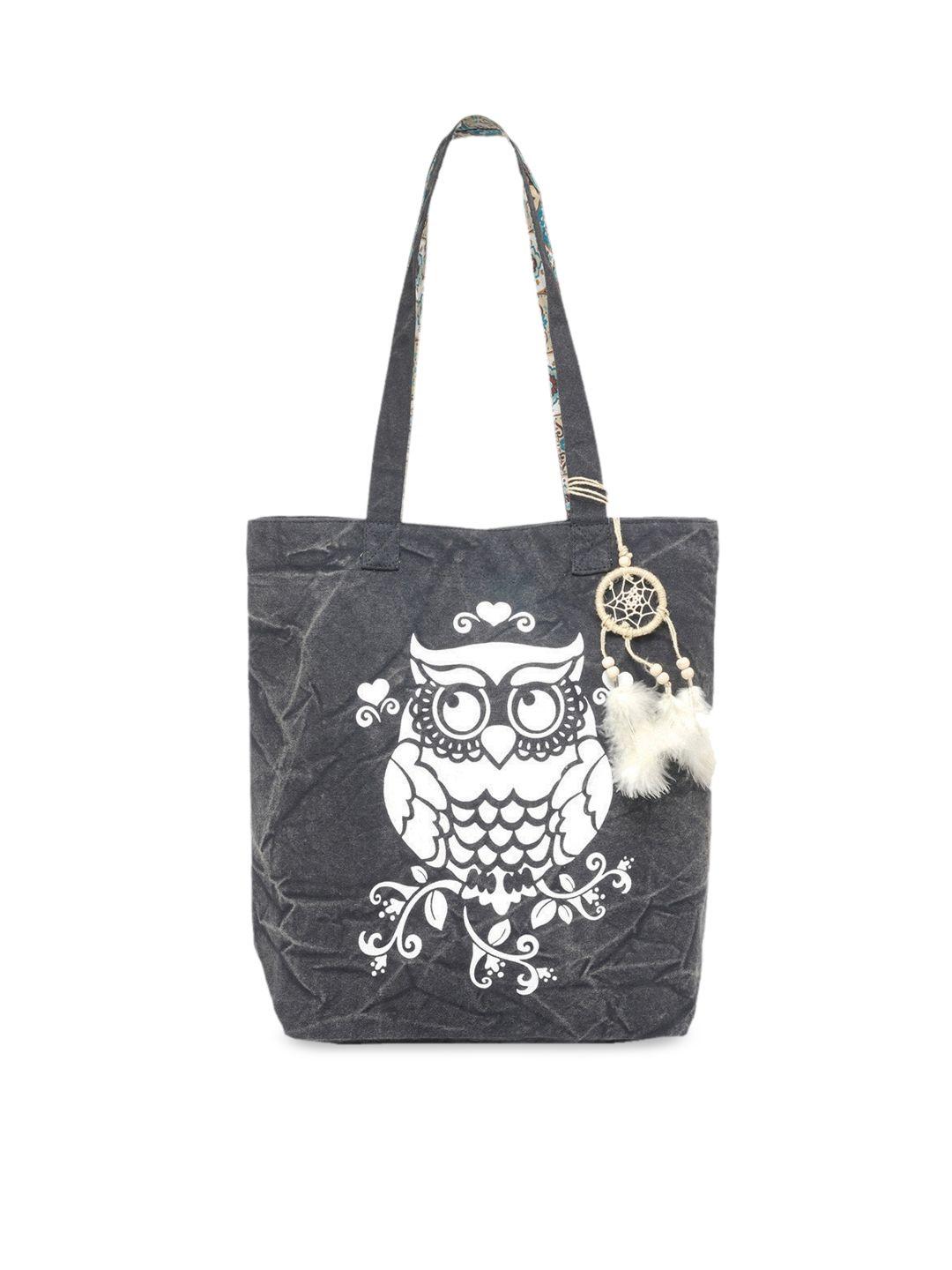 the house of tara charcoal and white canvas bird motif printed shopper tote bag