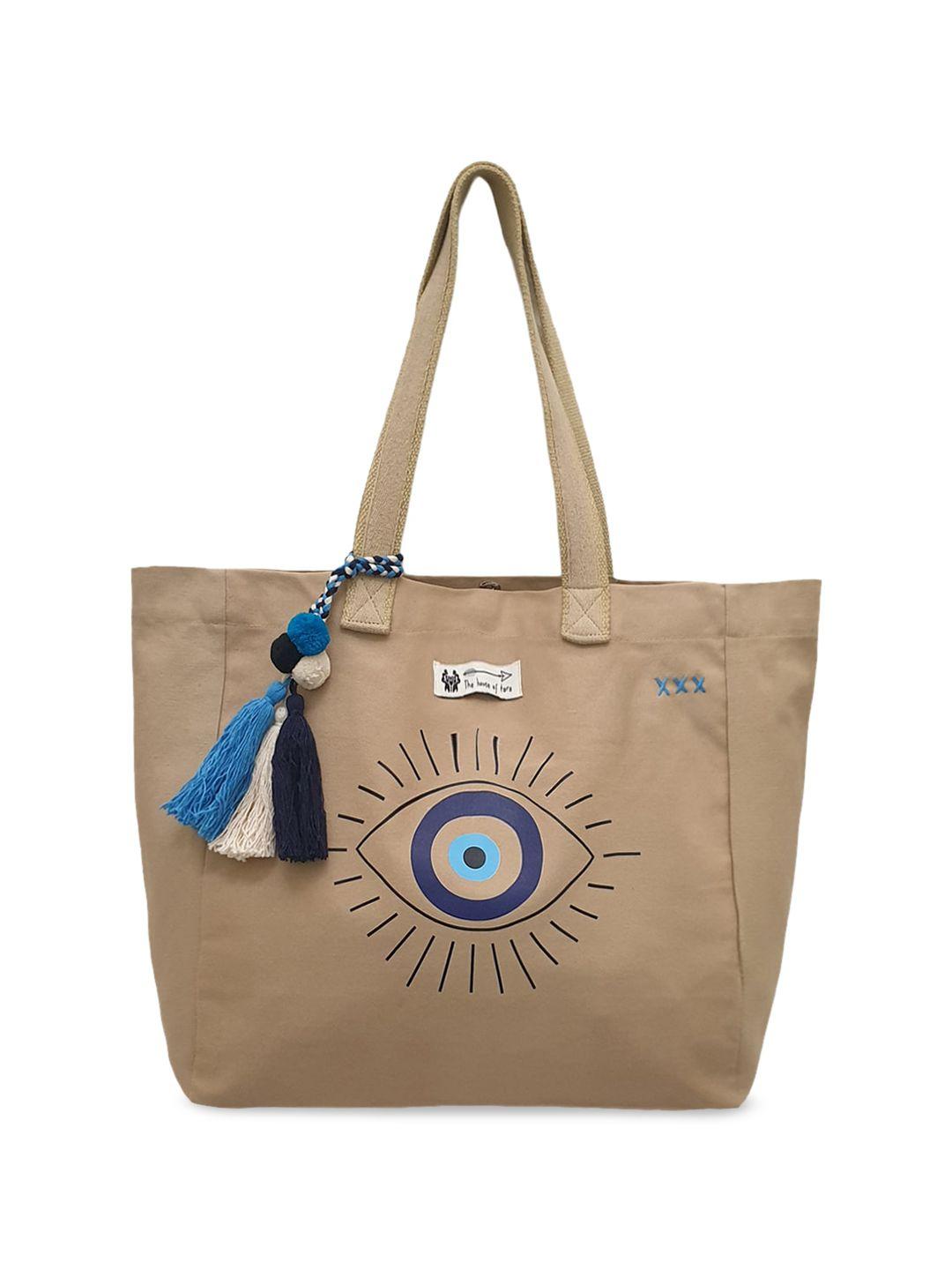 the house of tara graphic printed tasselled canvas shopper tote bag with mobile pouch