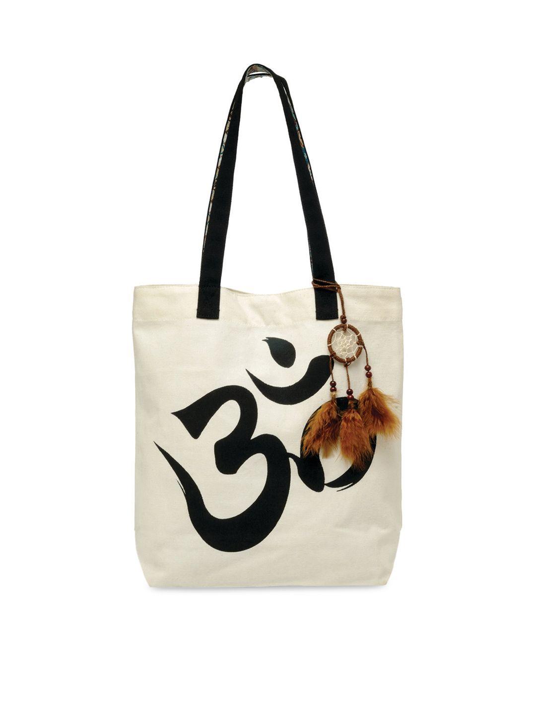 the house of tara off white and black canvas ethnic motifs printed shopper tote bag