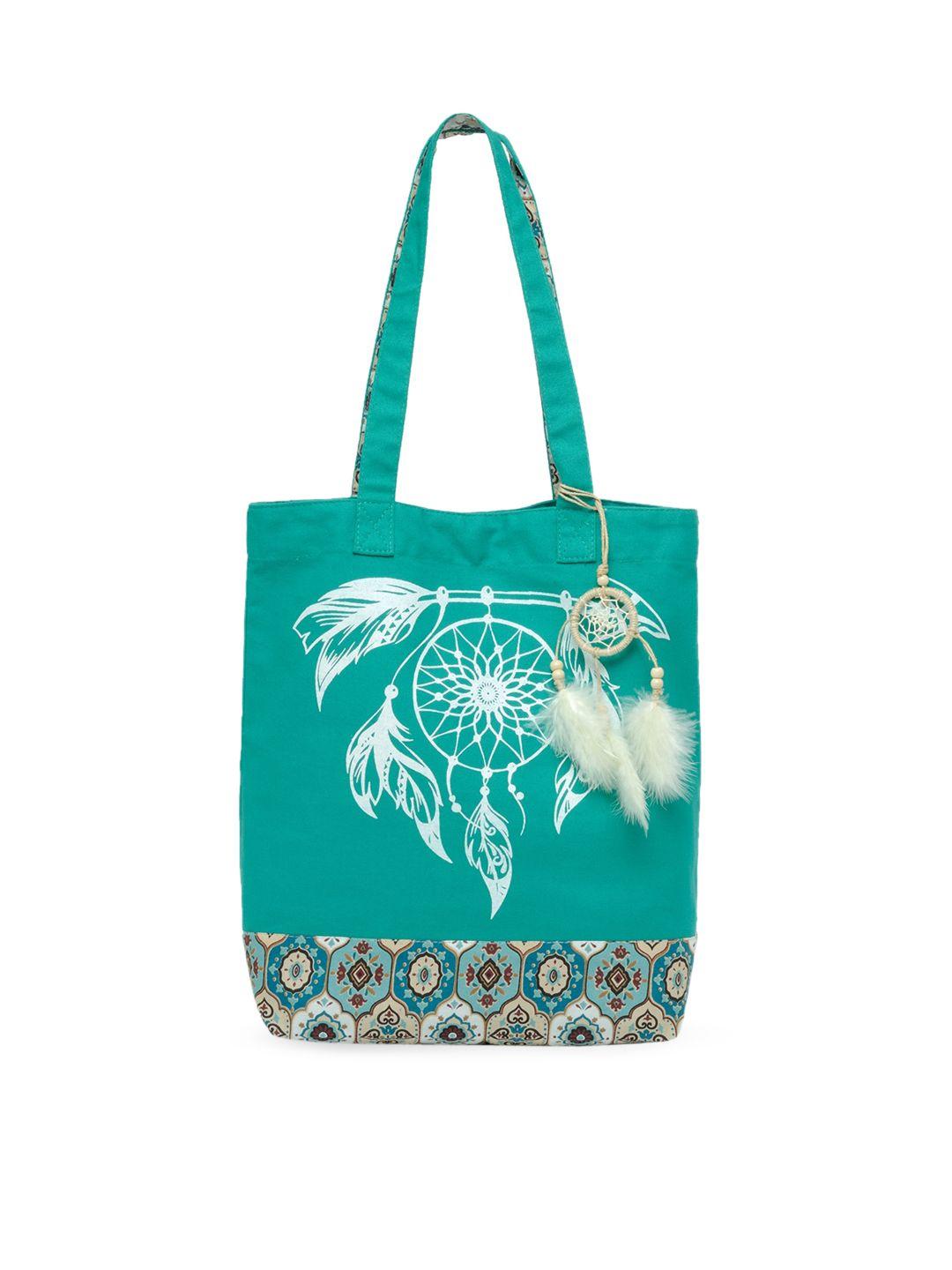 the house of tara teal and white canvas tribal motif printed shopper tote bag