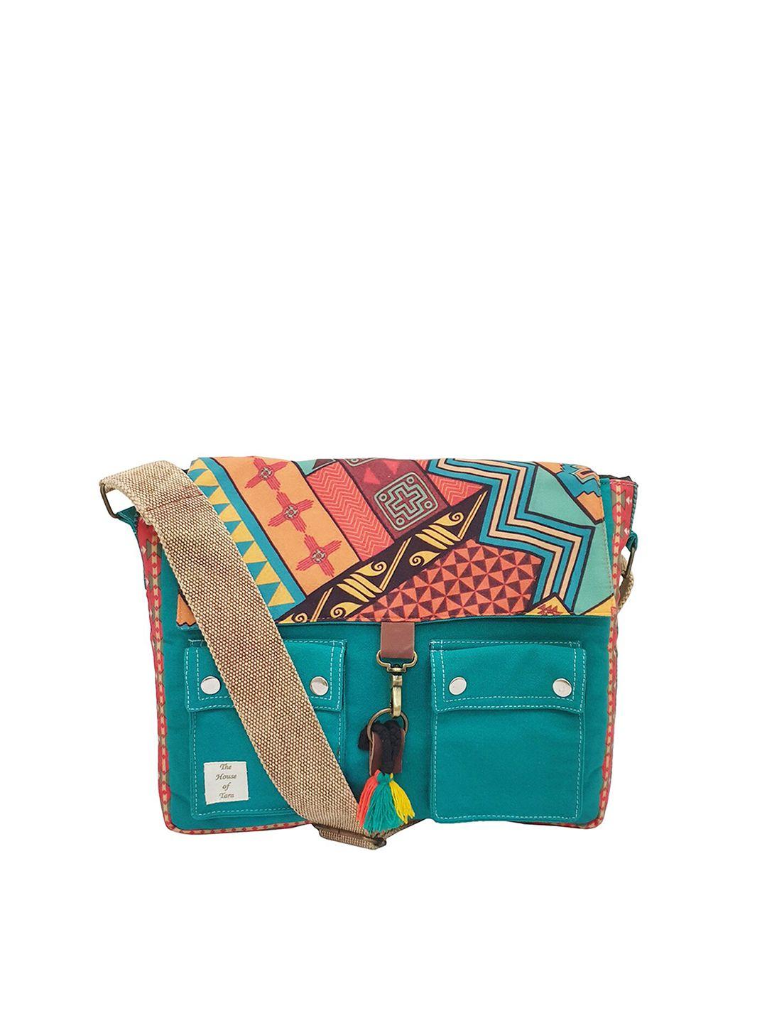 the house of tara unisex teal & orange printed messenger bag