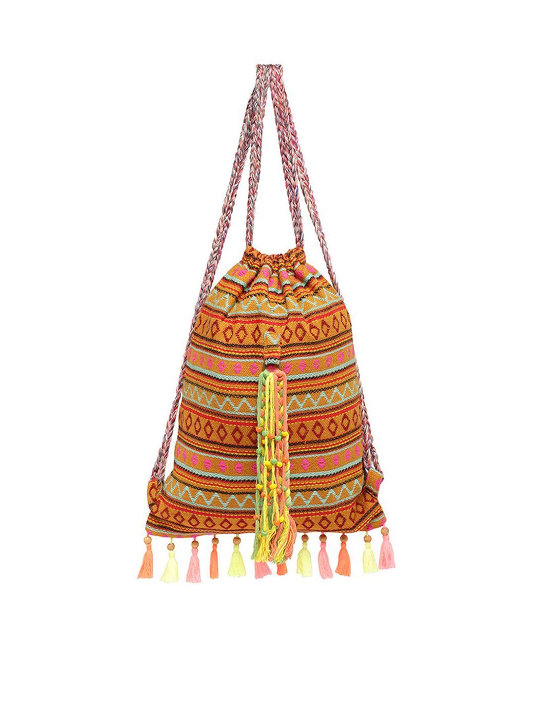 the house of tara women beige & yellow tasselled backpack