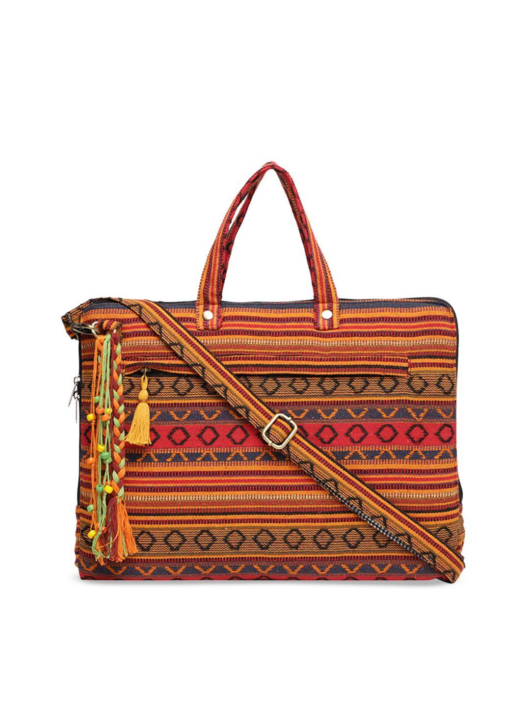 the house of tara women rust brown & mustard yellow textured handloom woven laptop bag