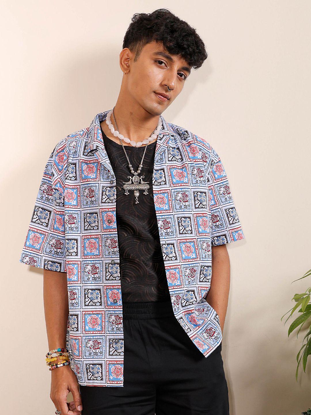 the indian garage co ethnic motifs printed cuban collar pure cotton oversized casual shirt