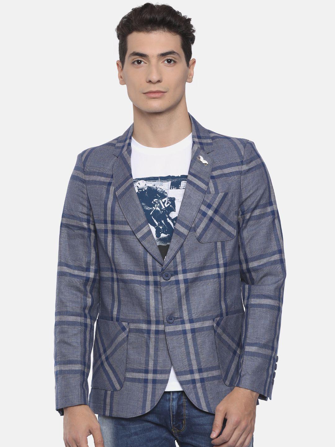 the indian garage co grey & navy blue single-breasted checked slim fit casual blazer