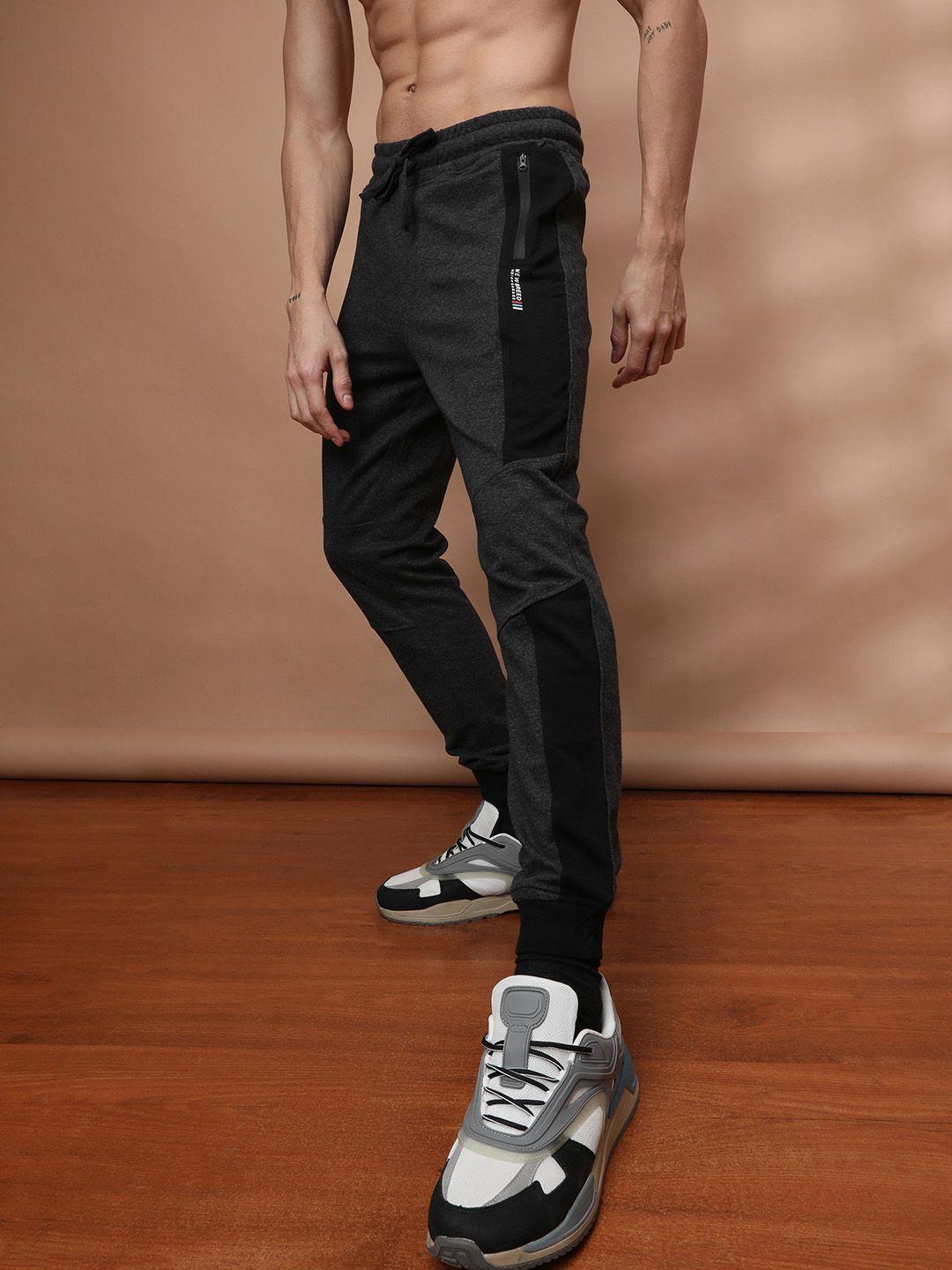 the indian garage co men's charcoal and black colourblocked track pants