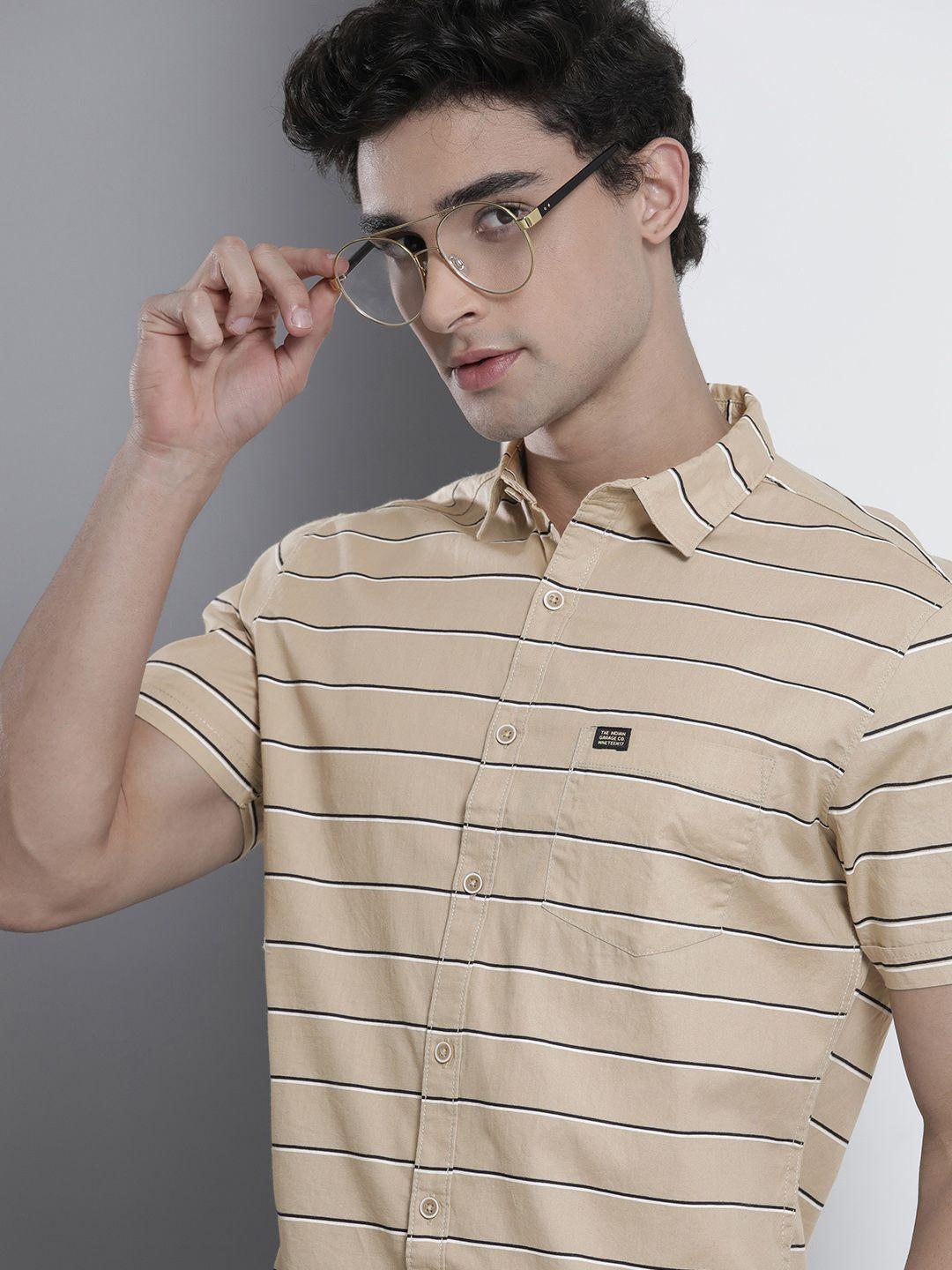 the indian garage co men beige cotton striped casual shirt