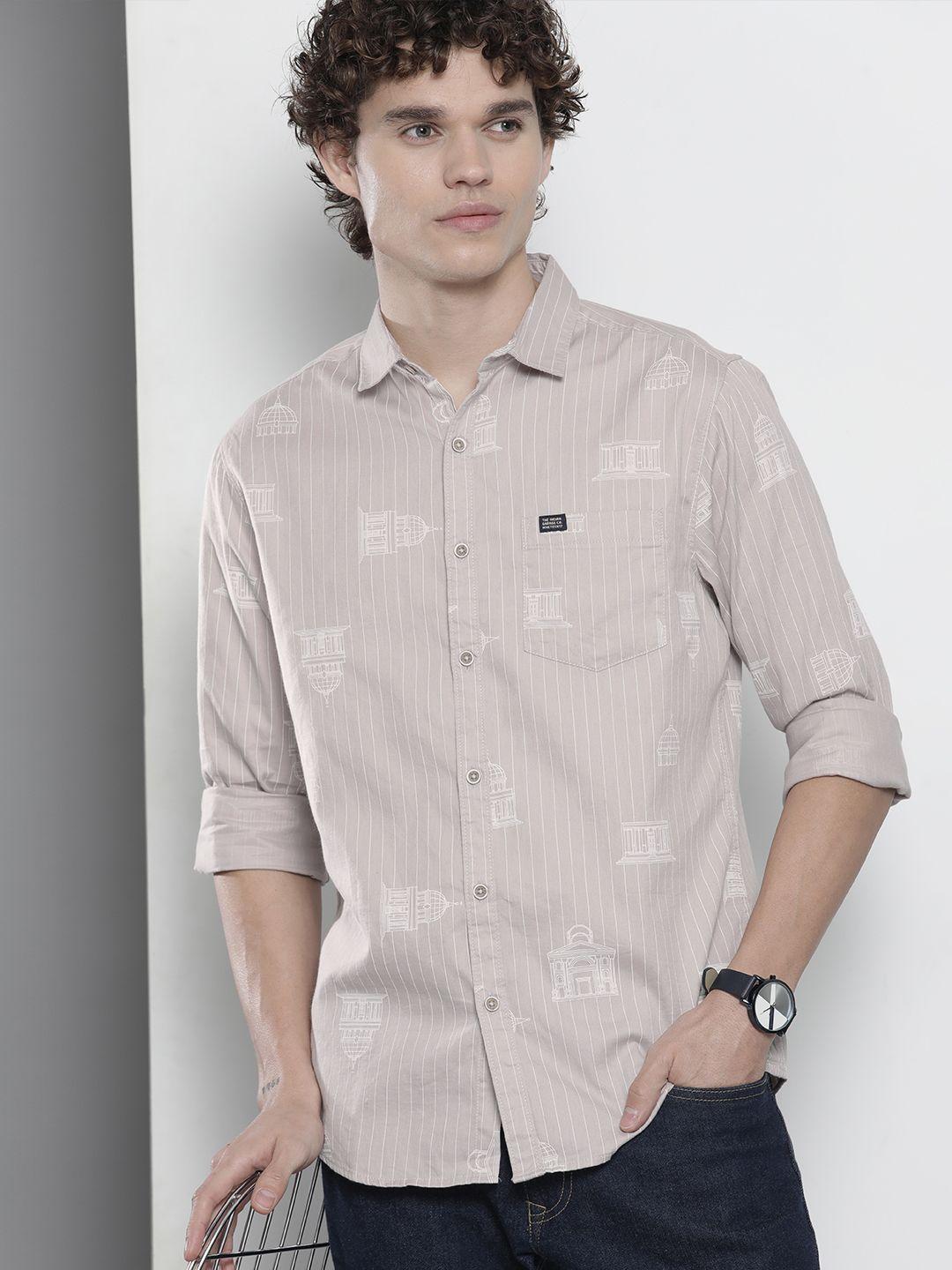 the indian garage co men beige printed pure cotton casual shirt