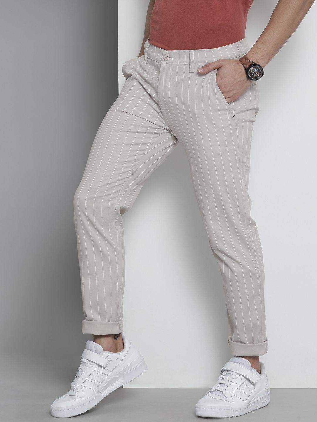 the indian garage co men beige striped slim fit trousers
