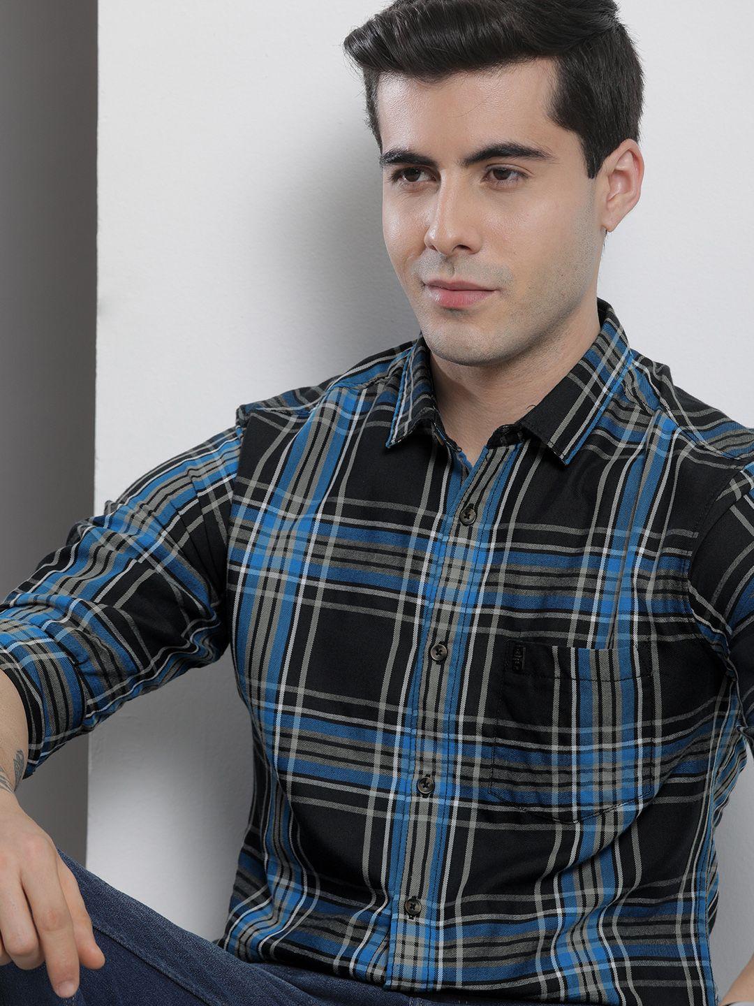 the indian garage co men black & blue checked pure cotton casual shirt
