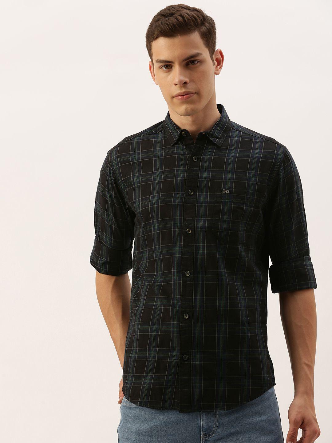 the indian garage co men black & blue slim fit checked casual shirt