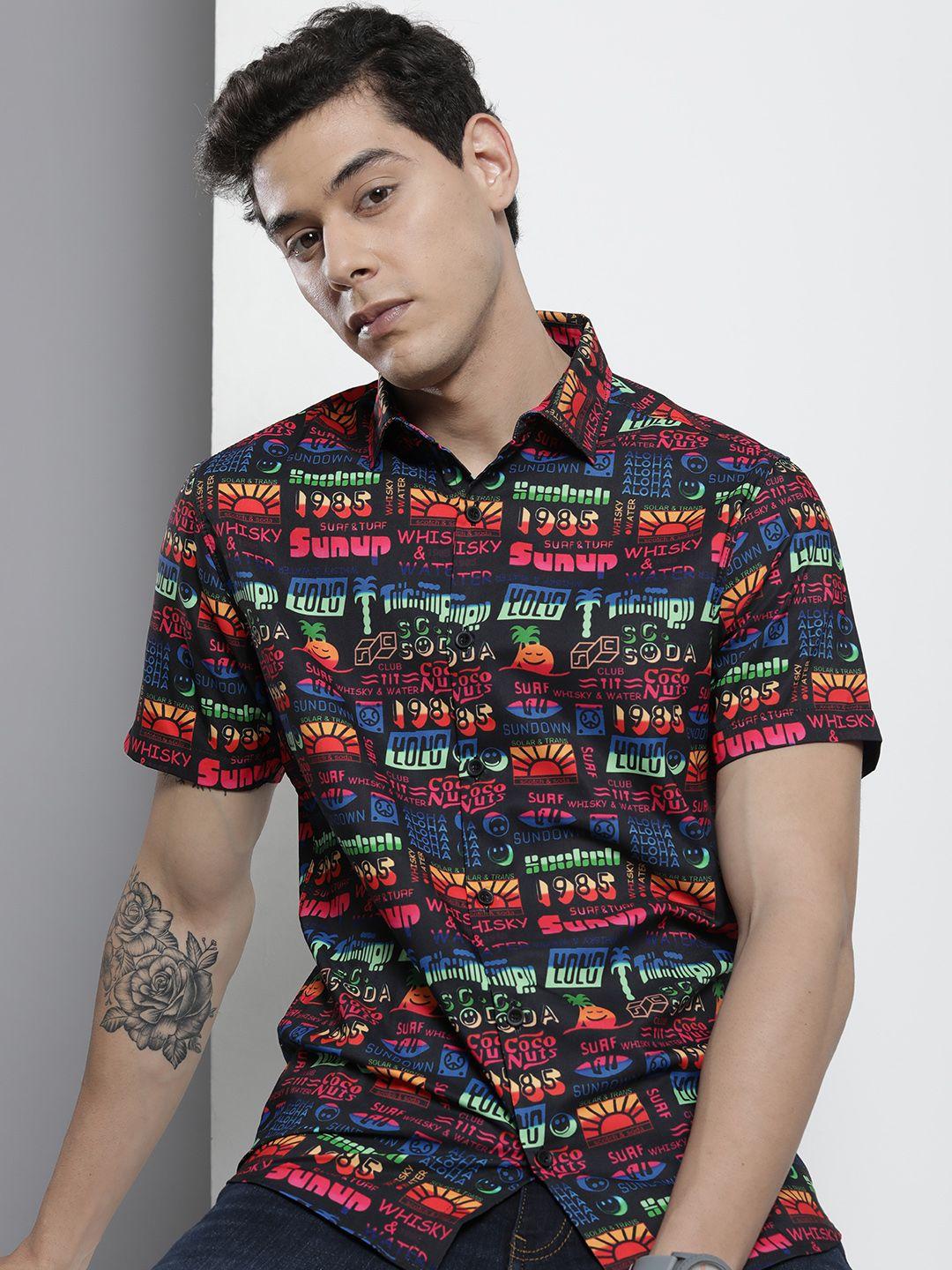 the indian garage co men black & pink printed casual shirt