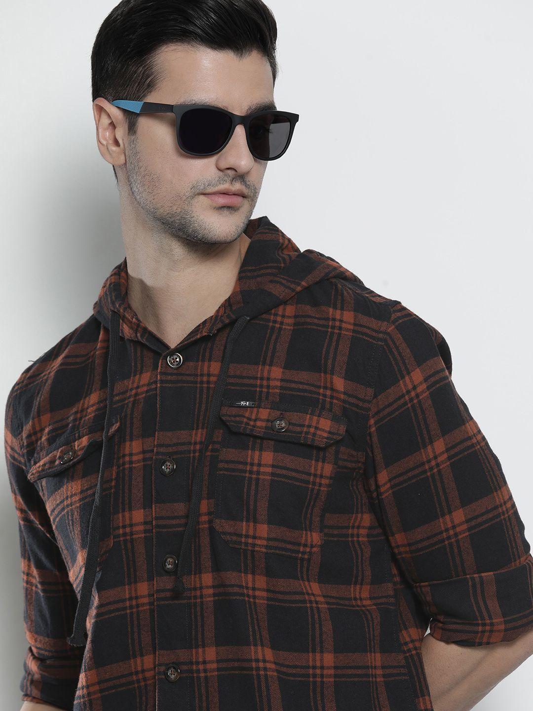 the indian garage co men black & rust orange comfort fit checked cotton hooded shirt