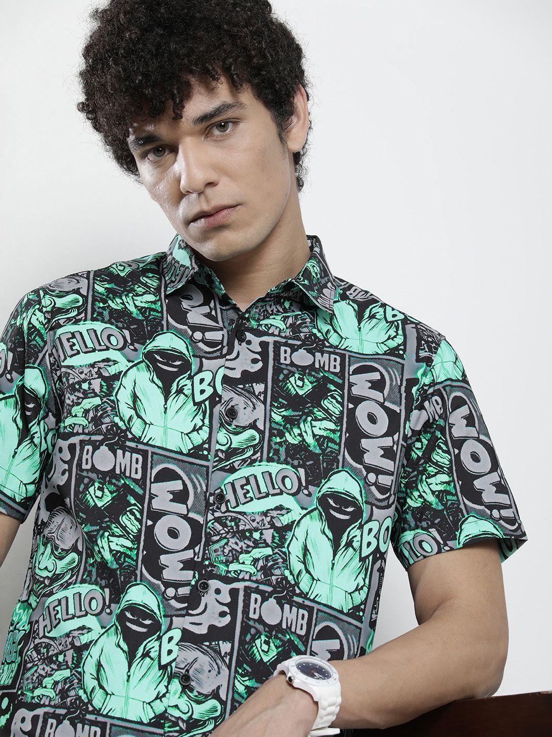 the indian garage co men black & turquoise blue printed casual shirt